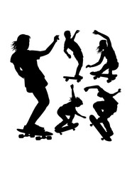 People playing skateboard sport training silhouette