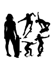 People playing skateboard sport training silhouette
