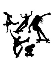 People playing skateboard sport training silhouette