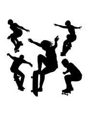 People playing skateboard sport training silhouette