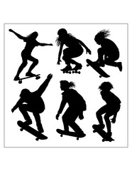 People playing skateboard sport training silhouette