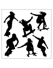 People playing skateboard sport training silhouette