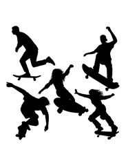 People playing skateboard sport training silhouette