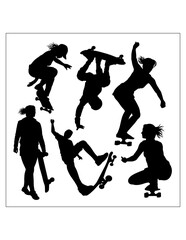 People playing skateboard sport training silhouette