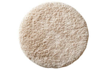 Round fluffy rug in a neutral beige tone adds warmth and texture to any interior design style on transparent background