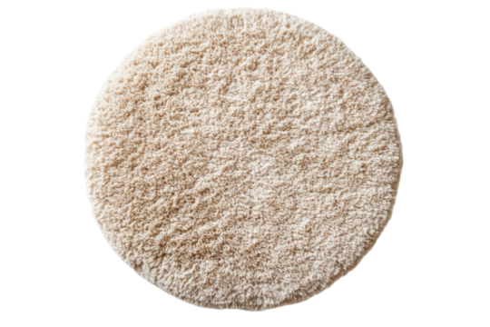 Round fluffy rug in a neutral beige tone adds warmth and texture to any interior design style on transparent background