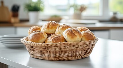 Freshly baked bread rolls in a woven basket on a kitchen countertop, surrounded by a bright and airy kitchen atmosphere, inviting and warm culinary scene