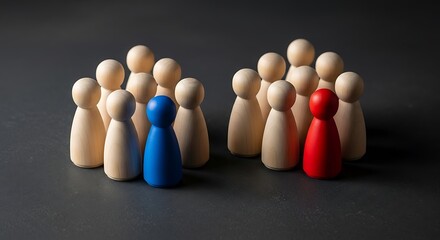 Two Groups of Wooden Figures with Red and Blue Leaders.