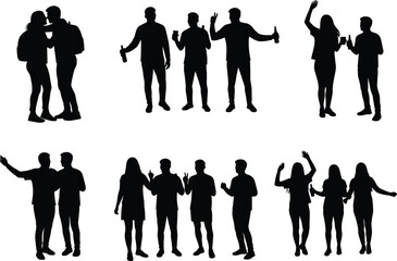 Silhouette illustration of young people enjoying party, friends dancing, drinking, and socializing together in festive celebration night vector design