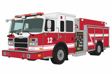 Red and White Fire Engine with Number 12 Vector Illustration Ready for Emergency Response Depicting Firefighting Equipment