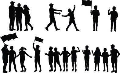 Silhouette of children and teenagers holding flags, standing and walking together, showing unity, friendship, teamwork, and celebration concept vector illustration