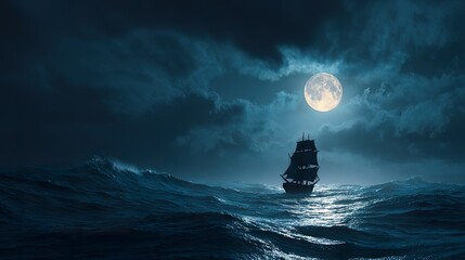 Ship at night on a stormy sea
