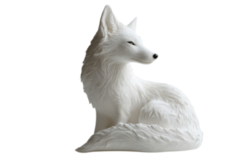 Elegant white arctic fox sculpture with detailed fur texture against a for home decor on transparent background