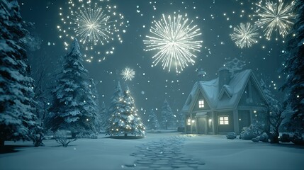 Snowy night scene with christmas tree and fireworks