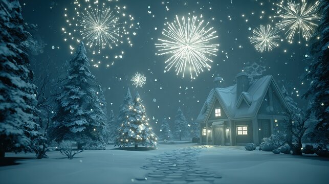 Snowy night scene with christmas tree and fireworks