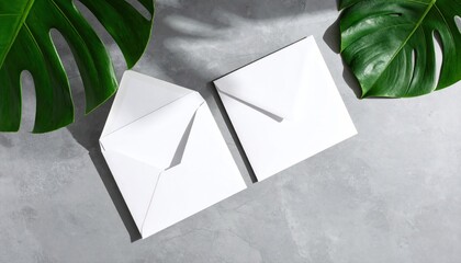 White envelopes and Monstera leaves on gray concrete.