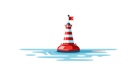 Red and white striped lighthouse buoy floating in blue water with a flag. © wongpunduh