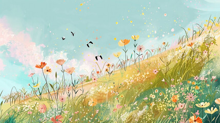 Enchanting wildflowers on a breezy slope under a bright sky with soaring birds