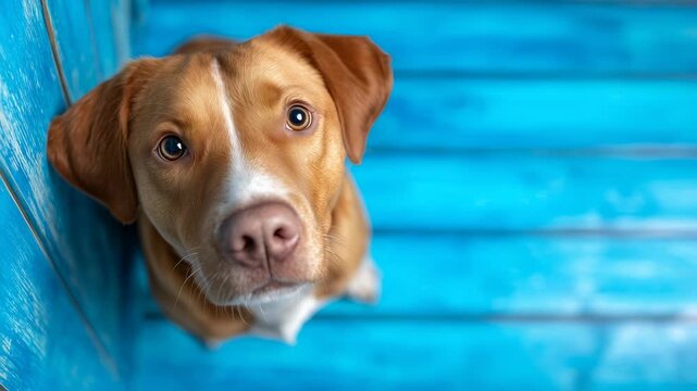 Attentive mixed breed dog with golden and white fur posing looking up, view from above. Sharp direct gaze highlights intricate fur details against vibrant blue wooden backdrop.