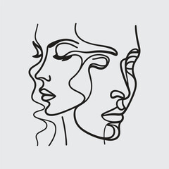 Elegant minimalist line art portraits of women and men — modern abstract face illustrations in black on white