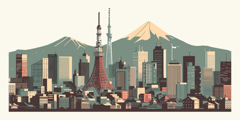Stylized illustration of Tokyo, a vibrant metropolitan skyline, featuring impressive architectural landmarks