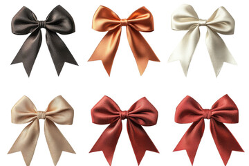 Assorted satin bows in various colors for gift wrapping and decoration on transparent background