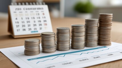 Growing coin stacks on financial document with calendar in background