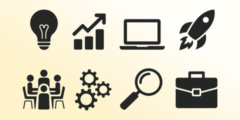 A collection of business and innovation silhouette icons representing ideas, growth, technology, teamwork, and success.