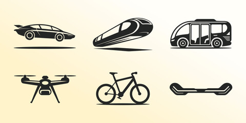 A modern and futuristic transportation silhouette collection featuring advanced mobility solutions.