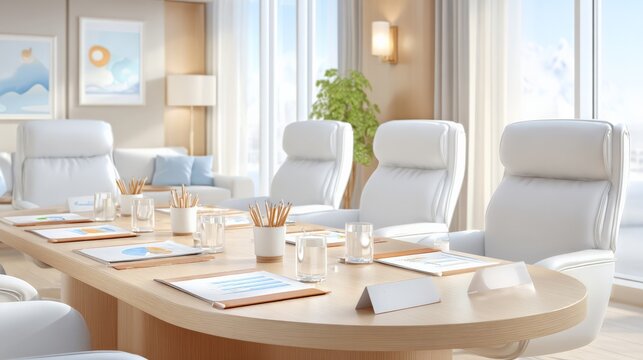 Modern conference room with white chairs and wooden table in bright office - Powered by Adobe