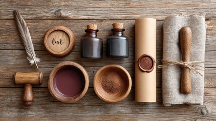 Vintage writing set with quill pen, seal stamp, and ink on wooden table