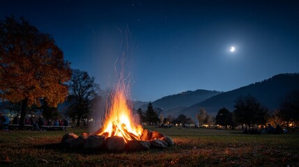 Nighttime bonfire under moonlit sky in scenic mountain landscape
