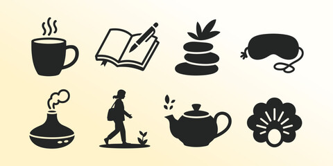 A modern collection of silhouette icons representing self-care, relaxation, and daily well-being activities like reading, drinking tea, and mindful walks.