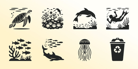 A monochromatic collection of marine life and ocean conservation silhouettes, featuring elements like a sea turtle, dolphins, jellyfish, a scuba diver, and a recycling bin.