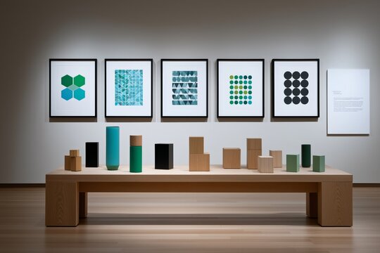 Modern art gallery interior with geometric paintings and wooden sculptures on display - Powered by Adobe