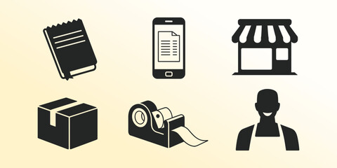 A comprehensive collection of essential business and commerce icons are depicted as clean black silhouettes.