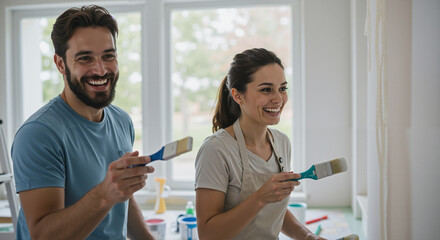 Happy couple painting wall together in bright home interior  