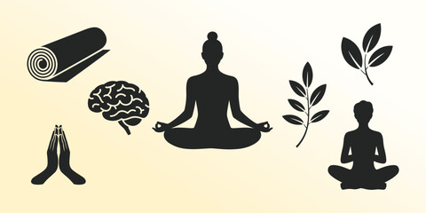 A Collection of Silhouettes Depicting Mindfulness, Meditation, and Holistic Well-being Elements Like Yoga, a Brain, and Natural Leaves.