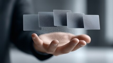 Futuristic digital interface with hovering transparent screens and hand interaction