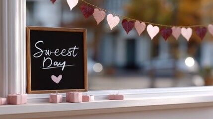 Sweet day chalkboard sign with pink heart decorations on windowsill