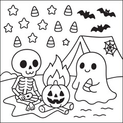 Halloween little spooky black and white coloring pages
for adults. 
