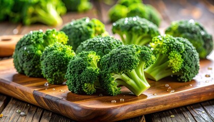 Fresh broccoli florets on wooden board with healthy food.