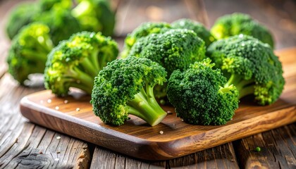 Fresh Broccoli on Wooden Cutting Board Healthy Food Concept.