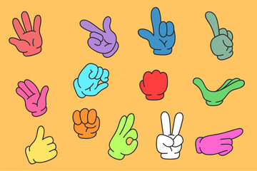 Cartoon colorful comic retro arm hand finger gesture isolated set. Vector flat graphic design illustration