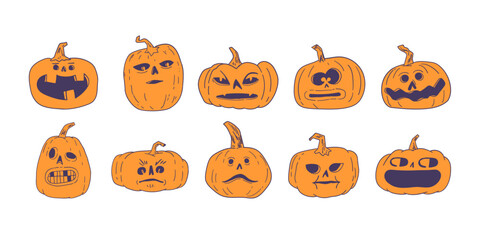 hand drawn Halloween pumpkins with funny and spooky carved faces, cartoon vector illustration