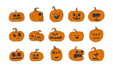 Halloween pumpkins with funny and spooky carved faces, hand drawn vector illustration