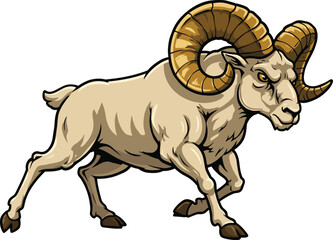 Strong mountain ram illustration, wild animal vector, horned sheep artwork, wildlife nature design, aggressive bighorn symbol, muscular animal drawing for logo or mascot