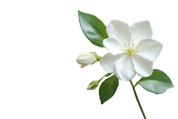 Obraz premium Elegant white flower blossom with green leaves and buds against a stark for design use on transparent background