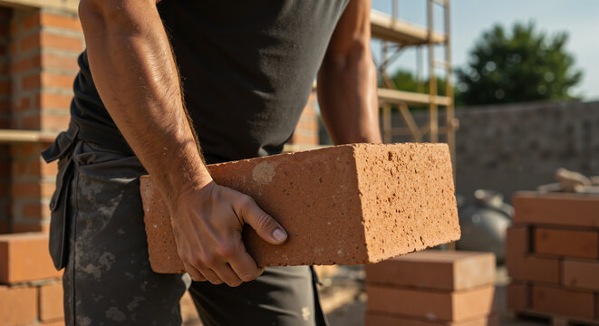 Construction worker lifting brick at building site during day  