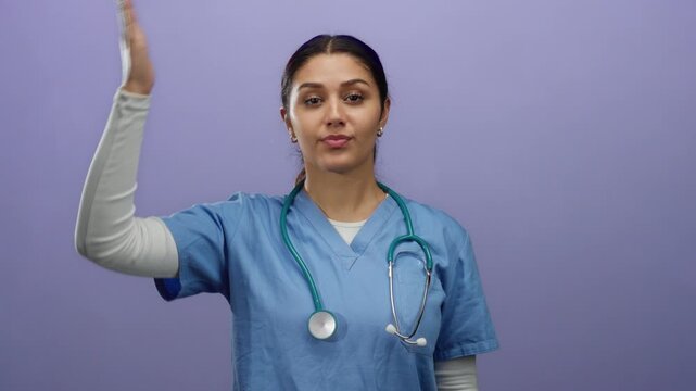 Hispanic woman nurse in blue scrubs with stethoscope on purple background focused on healthcare professional presence.